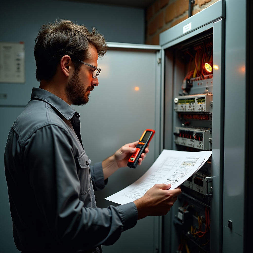 Electrician working on common area electrical panel upgrade in residential building