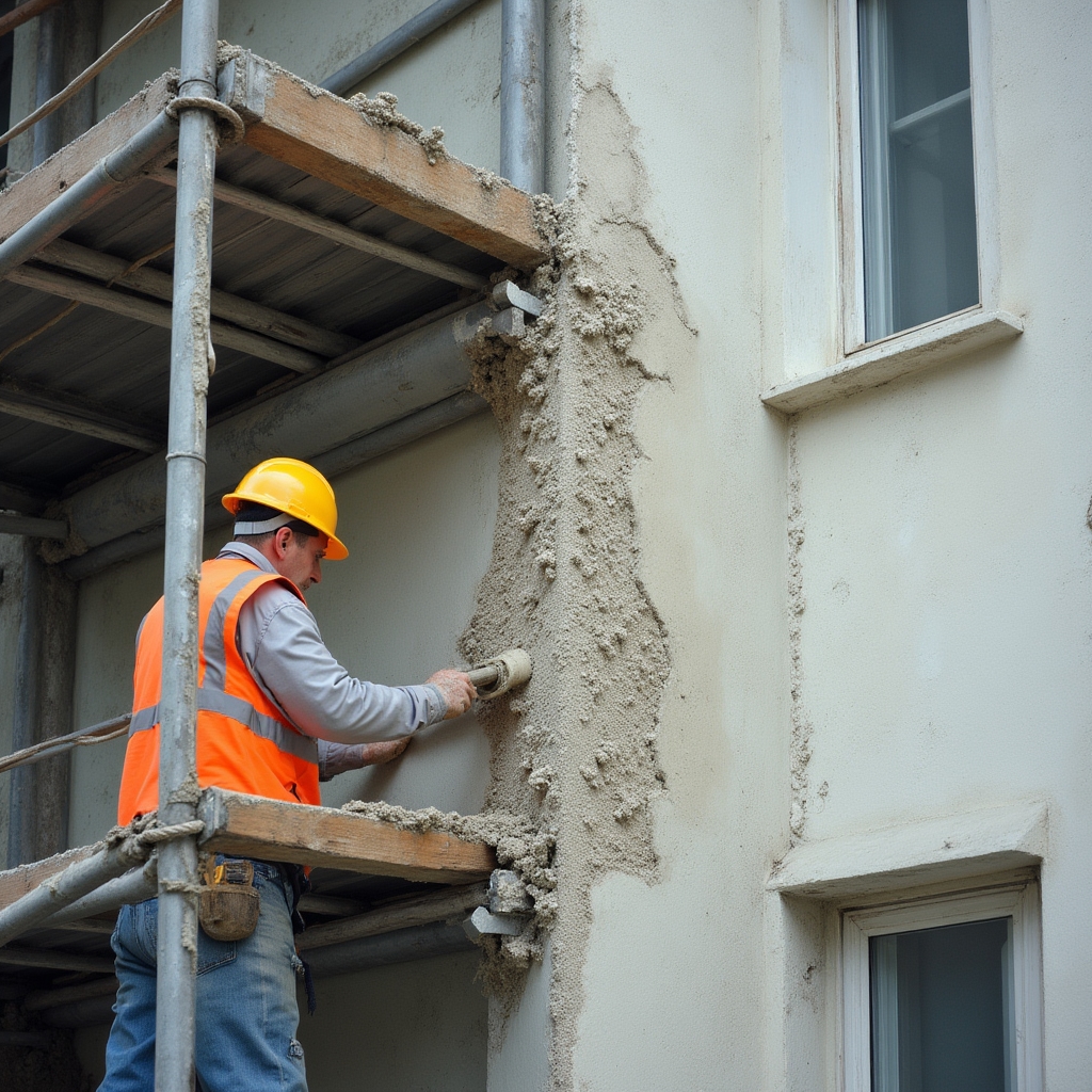 Structural concrete repair and crack injection work on residential building exterior