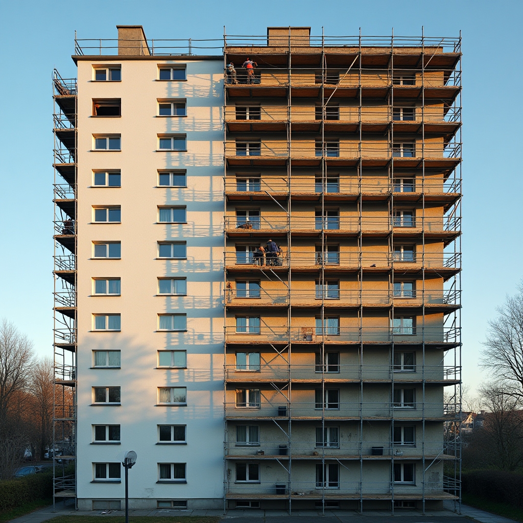 Building facade repainting with scaffolding in Santiago residential tower