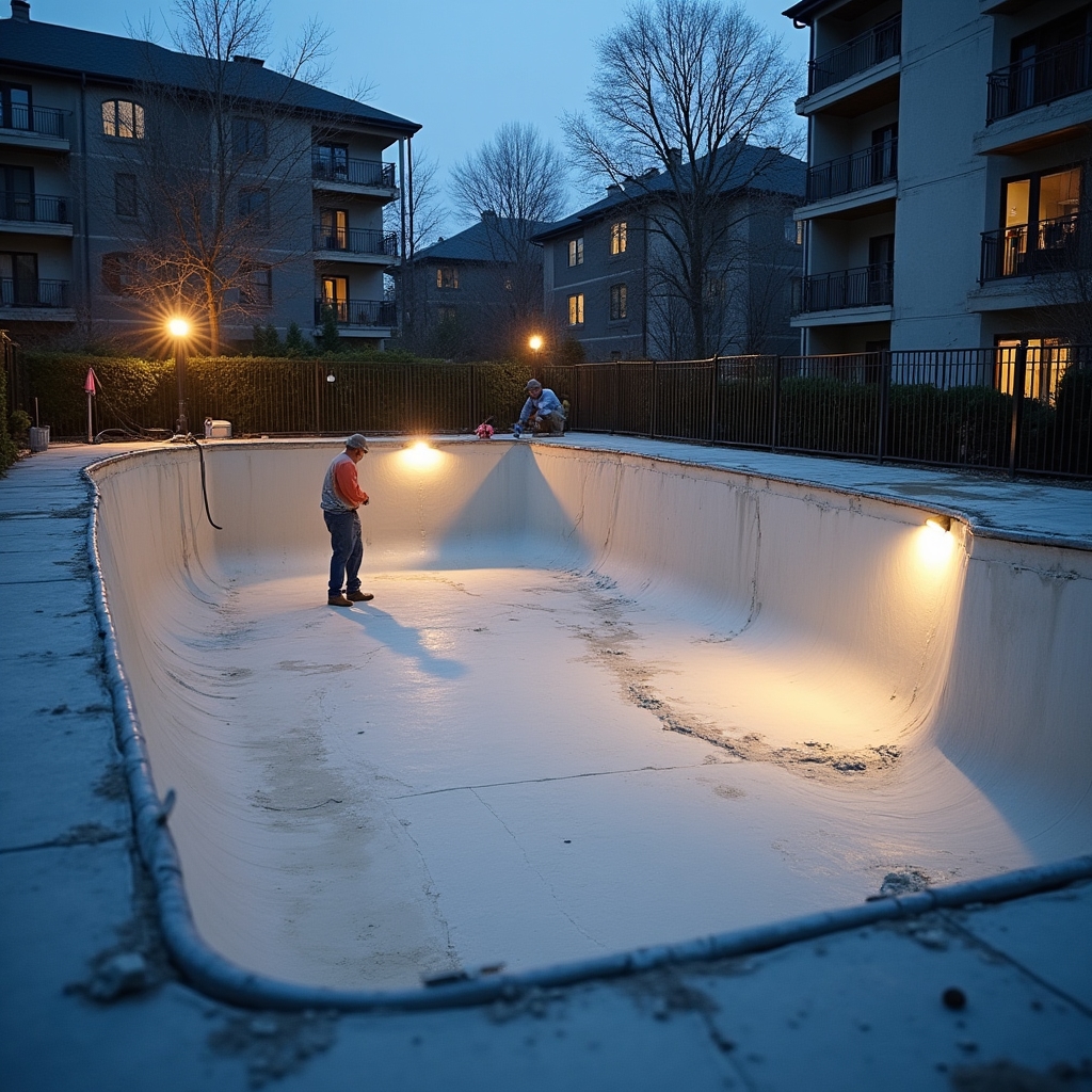 Swimming pool renovation and waterproofing work in residential building complex