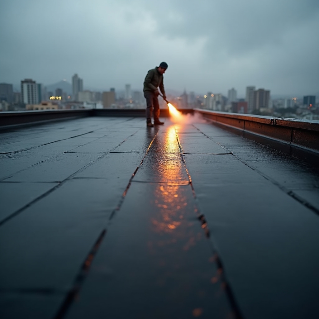 Waterproofing membrane installation on flat residential building roof in Chile