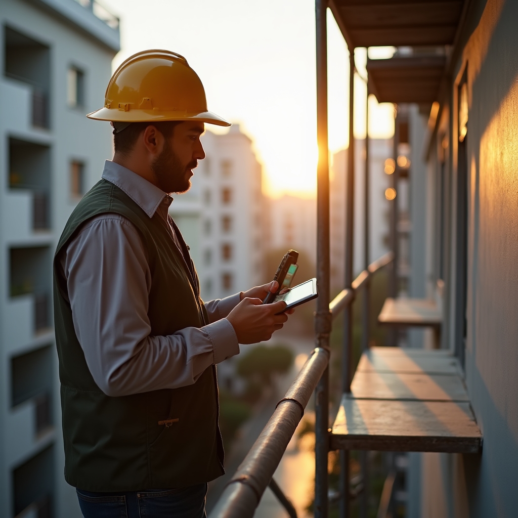 Technical coordinator conducting on-site inspection of building maintenance work