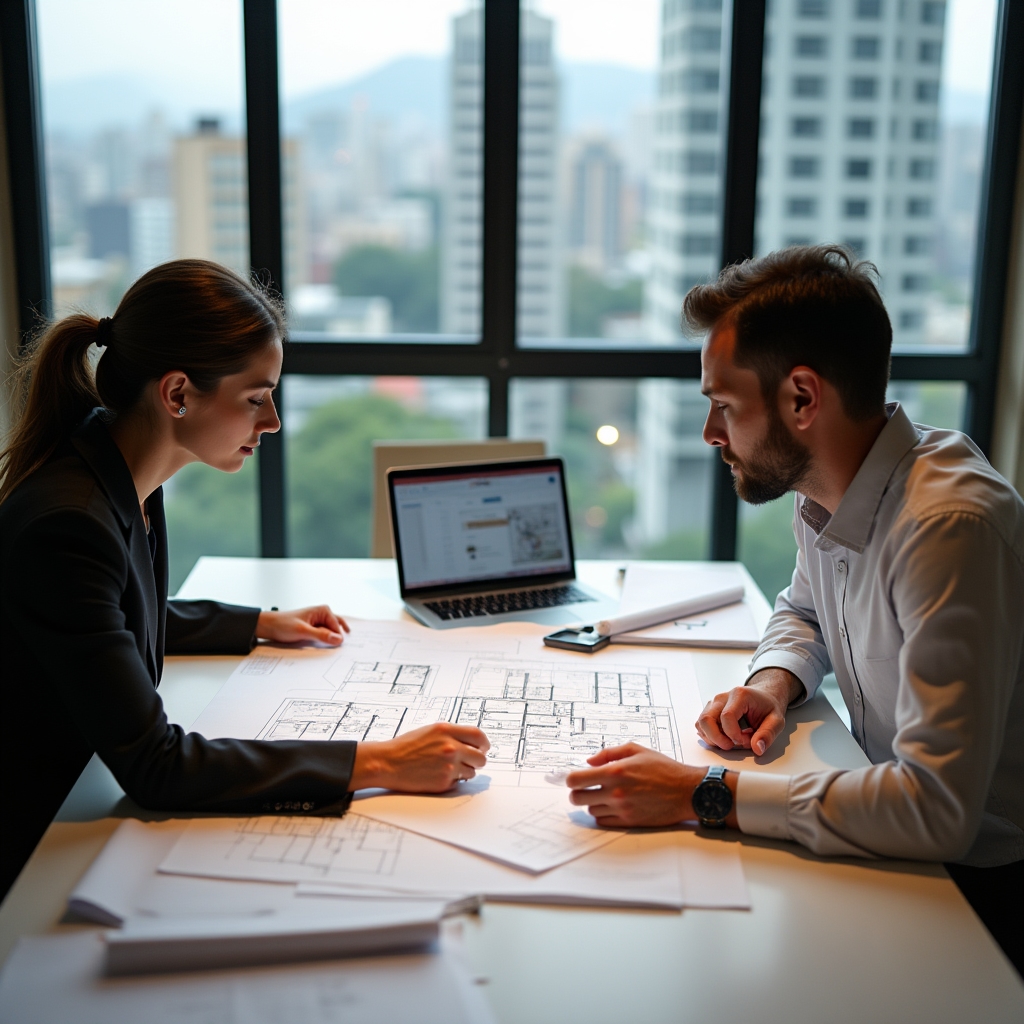 Pelvodi technical team reviewing building plans at a coordination meeting