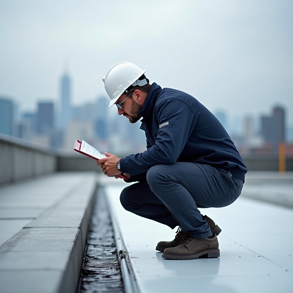 Technical coordinator inspecting building roof waterproofing in Santiago