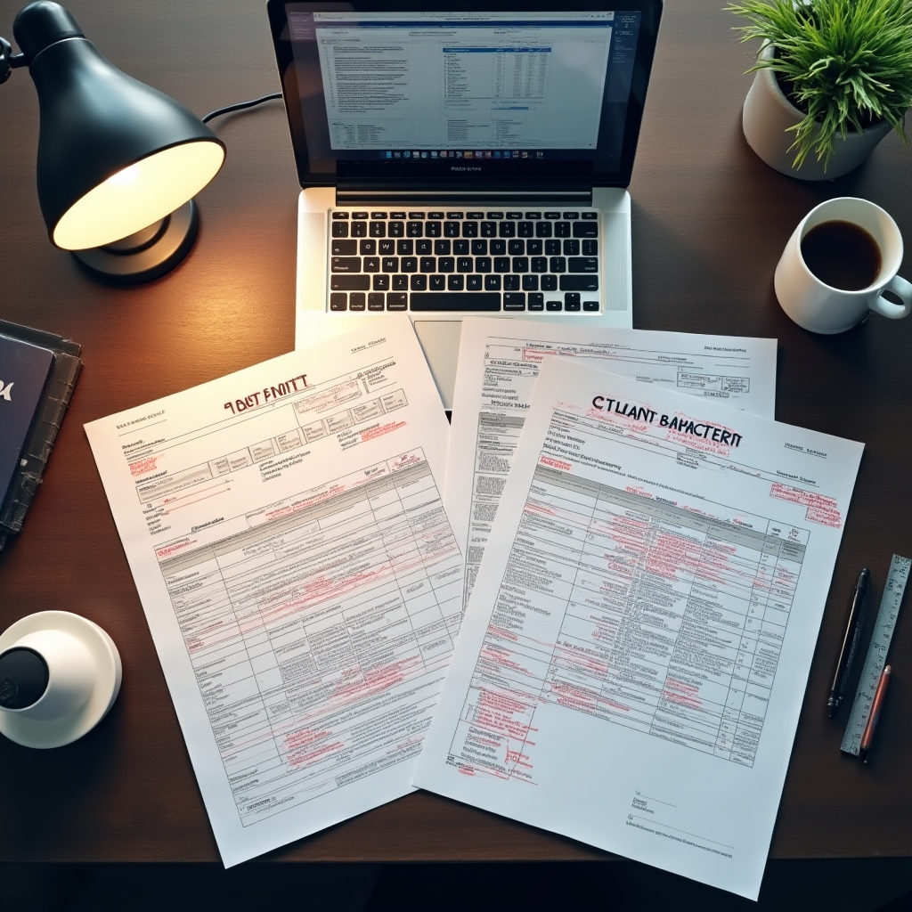 Technical coordinator reviewing tender documents and contractor quotes at desk